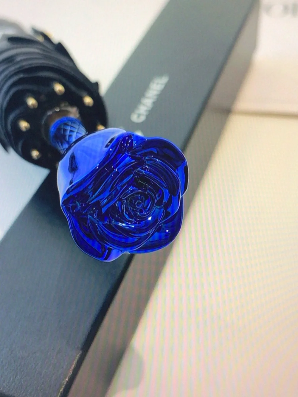 CHANEL Black Compact Umbrella with Blue Rose Handle